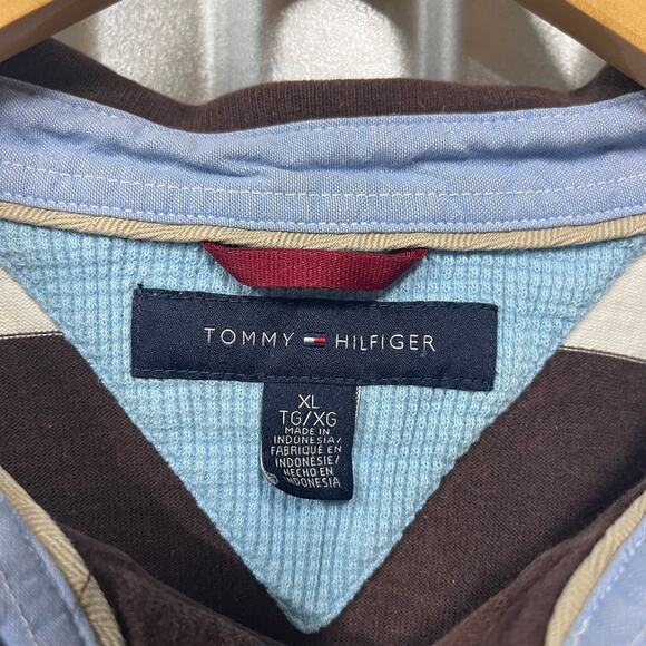 VTG Y2K Tommy Hilfiger Brown and Cream Striped Long Sleeve Polo Shirt SZ XL - Picture 2 of 4